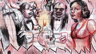 Comic-Ausschnitt: Eine Frau im Abendkleid, in der Mitte ein Schädel, daneben Männer in Anzügen. Comic-Ausschnitt: Eine Frau im Abendkleid, in der Mitte ein Schädel, daneben Männer in Anzügen.