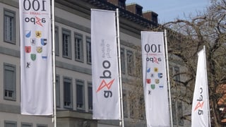 Axpo Hauptsitz in Baden von aussen mit Fahnen und Logos