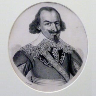 Gemälde mit einem Porträt von Jörg Jenatsch hinter einem ovalen Passepartout.