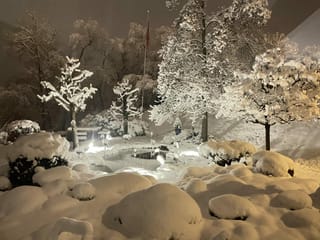 Verschneiter Garten in der Nacht mit Lichtern