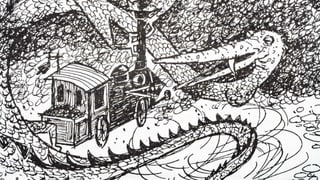 Eine Schwarz-Weisse Illustration einer Lokomotive die einem Drachen entgegenfährt.