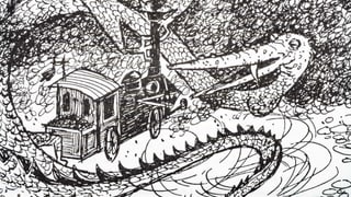Eine Schwarz-Weisse Illustration einer Lokomotive die einem Drachen entgegenfährt. Eine Schwarz-Weisse Illustration einer Lokomotive die einem Drachen entgegenfährt.