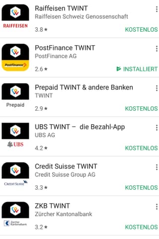 Screenshot aus Google Play Store mit Twint-Versionen von 7 verschiedenen Banken.