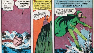 Ausschnitt aus dem Comic: Ein Mann schwimmt im Wasser und spricht einen tibetischen Zauberspruch. Darauf verwandelt er sich in einen Superhelden.
