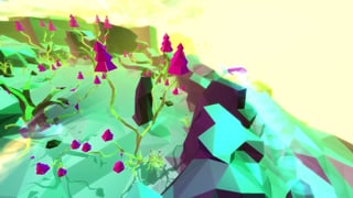 Eine grüne VR-Landschaft mit pinken Tannen.