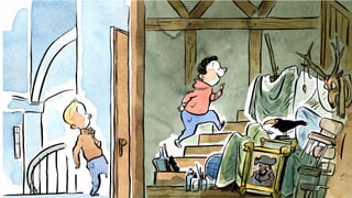 Zwei Buben schleichen auf einen überfüllten Dachboden Zwei Buben schleichen auf einen überfüllten Dachboden