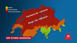 Schweizerkarte mit SRF Sturmwarnung für weite Teile des Landes auf Stufe rot. Schweizerkarte mit SRF Sturmwarnung für weite Teile des Landes auf Stufe rot.