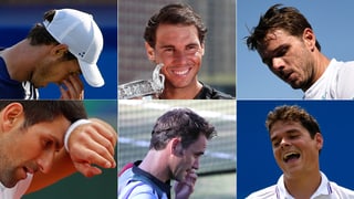 Murray, Nadal, Wawrinka, Raonic, Federer und Djokovic (im Uhrzeigersinn).
