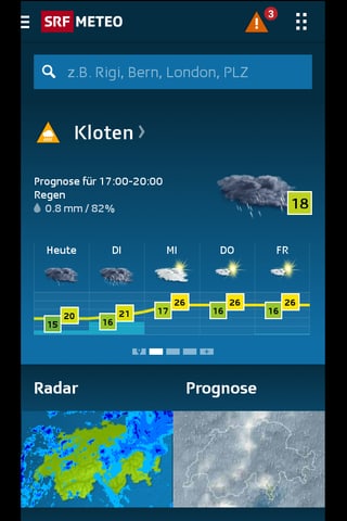 Im oberen Teil des Bildes sieht man den Wetterverlauf seiner Lieblingsorte, hier am Beispiel von Zürich-Kloten. Im unteren Teil des Bildes erhält man ein aktuelles Radarbild und ein Bild einer Schweiz weiten Prognose.