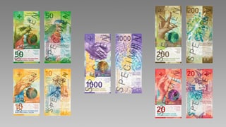 Mit dem Aufdruck «Specimen» versehene Kopien der bisher erschienenen Schweizer Banknoten der 9. Serie.