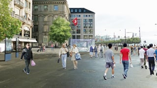 Visualisierung eines Platzes mit Leuten mit einem geplanten Metroeingang. 