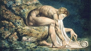 Zeichnung eines nackten Mannes, der auf einem Stein sitzt und vornübergebeugt am Boden etwas skizziert.