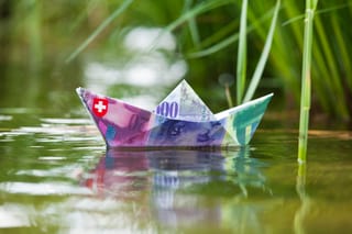Ein zu einem Schiffchen gefaltete 100 Franken Note in einem Teich