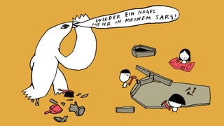 Comic: Drei Kinder bauen einen Sarg zusammen, ein Vogel steht daneben und ruft: Wieder ein Nagel in meinem Sarg. Comic: Drei Kinder bauen einen Sarg zusammen, ein Vogel steht daneben und ruft: Wieder ein Nagel in meinem Sarg.