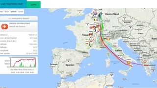 Auf einer Europakarte, sind die Flugwege der Ballone sowie die Flughöhe des Schweizer Siegers eingzeichnetet 