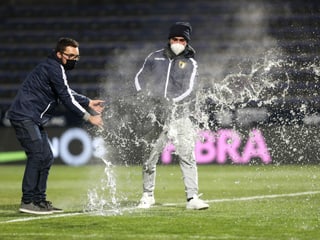 Ein Eimer mit heissem Wasser wird auf dem Rasen ausgeleert