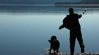 Ein Mann an einem See wirft einen Stock, damit sein Hund ihn wieder holen kann.