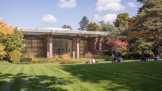 Leute sitzen in der Wiese des Parks vor der Fondation Beyeler.