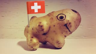 Eine Kartoffel in Hundeform mit einer eingespickten Schweiz-Flagge.