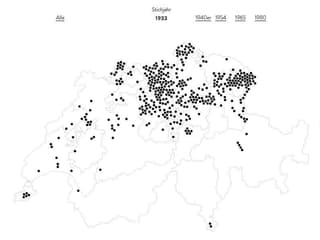 Eine Karte der Schweiz mit vielen schwarzen Punkten, die Anstalten bezeichnen Eine Karte der Schweiz mit vielen schwarzen Punkten, die Anstalten bezeichnen