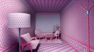 Zimmer, in dem alle Möbel das gleiche rosarate Muster aufweisen