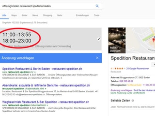 Screenshot Google mit neuen Öffnungszeiten Restaurant Spedition.