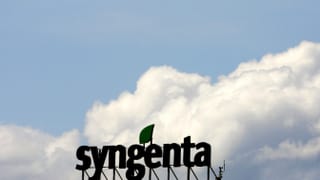 Firmenschild von Syngenta vor einem bewölkten Himmel.