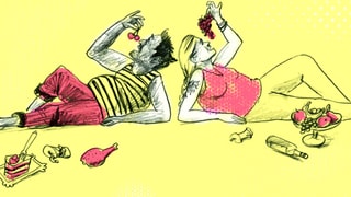 Illustration: Ein Mann und eine Frau sitzen auf dem Boden und essen Weintrauben.