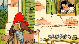 Illustration: Ein Mädchen guckt zu einem Fenster hinaus. Eine alte frau streckt ihr au sinem Korb schmuck entgegen.