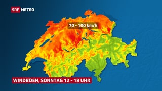 Schweizer Karte mit Einfärbungen von grün über gelb, orange bis rot. Hier v.a. auf der Alpennordseite rot für Sonntagnachmittag bzw. 70 - 100 km/h.