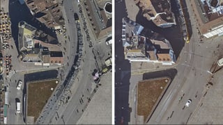 Je ein Luftbild des Barfüsserplatzes vor und nach der Corona-Krise
