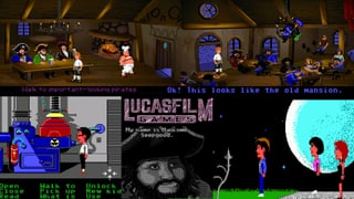 Die Collage zeigt verschiedene Screenshots aus den Games Mansion Maniac und Monkey Island.