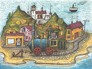 eine bunte Zeichnung einer Insel und ein Mann mit einer Lokomotive im Vordergrund eine bunte Zeichnung einer Insel und ein Mann mit einer Lokomotive im Vordergrund