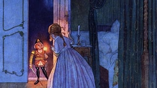 Eine Illustration aus dem Jahr 1924 aus der Erzählung «Nussknacker und Mausekönig» zeigt, wie das Mädchen Maria mit dem Nussknacker spricht.