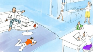 Illustration: Ein Wohnzimmer, in dem eine Familie parallel arbeitet und lebt.