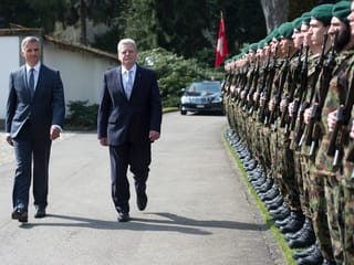 Zwei Politiker schreiten eine Ehrengarde ab.