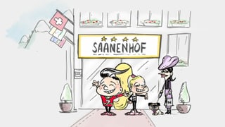 Eine Zeichnung zeigt den "Saanenhof" und ein paar Figuren vor dem Eingang.