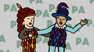 Illustration: Die Figuren der Papagena und des Papagenos mit Vogelfedern geschmückt.