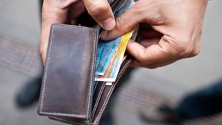 Hand mit offener brauner Geldbörse. Hand mit offener brauner Geldbörse.
