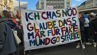 Schüler halten ein Transparent mit der Aufschrift: "Ich cha nöd glaube, dass mir für Fakte müend go streike." Schüler halten ein Transparent mit der Aufschrift: "Ich cha nöd glaube, dass mir für Fakte müend go streike."