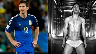 Lionel Messi mit Fussballtrikot und oben ohne.