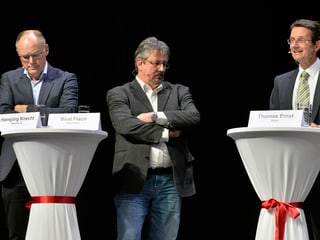 SVP-Nationalrat Hansjörg Knecht, GLP-Nationalrat Beat Flach und Nagra-Geschäftsführer Thomas Ernst