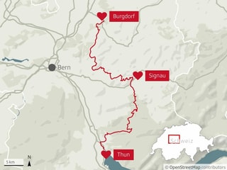 Karte der Veloroute von Thun nach Burgdorf