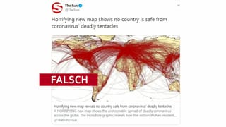 Der Tweet dieser Boulevard-Zeitung soll die fatal schnelle und vor allem flächendeckende Verbreitung des Virus zeigen. Tatsächlich zeigt die Weltkarte aber den globalen Luftverkehr.  