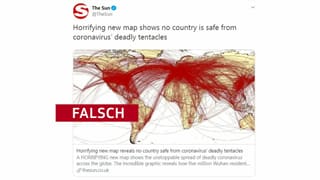 Der Tweet dieser Boulevard-Zeitung soll die fatal schnelle und vor allem flächendeckende Verbreitung des Virus zeigen. Tatsächlich zeigt die Weltkarte aber den globalen Luftverkehr. Der Tweet dieser Boulevard-Zeitung soll die fatal schnelle und vor allem flächendeckende Verbreitung des Virus zeigen. Tatsächlich zeigt die Weltkarte aber den globalen Luftverkehr.