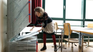 Eine Fraumacht sich in einem Schulzimmer an grossen zeichnungsbögen zu schaffen. Eine Fraumacht sich in einem Schulzimmer an grossen zeichnungsbögen zu schaffen.