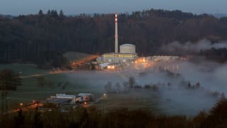 AKW Mühleberg im anbrechenden Tageslicht, Nebelschwaden umgeben das Kraftwerk.