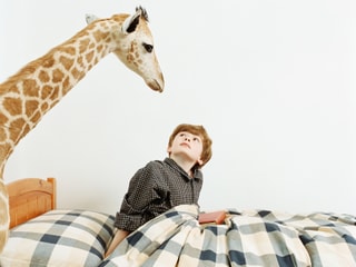 Eine Giraffe schaut auf einen Knaben im Bett herunter, der gerade aufwacht.