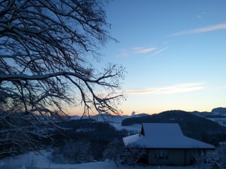 Dorf im Dunkeln mit verschneitem Baum und Haus. Die Sonne ist noch nicht aufgegangen, der Himmel klar. 