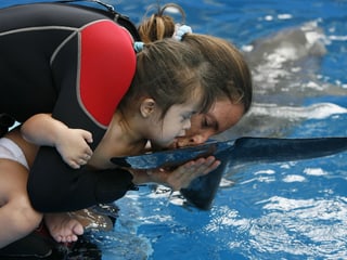 Ein kleines Mädchen und die Therapeutin ganz nah an einem Delfin. Die Betreuerin küstet die Schwanzflosse des Tieres.